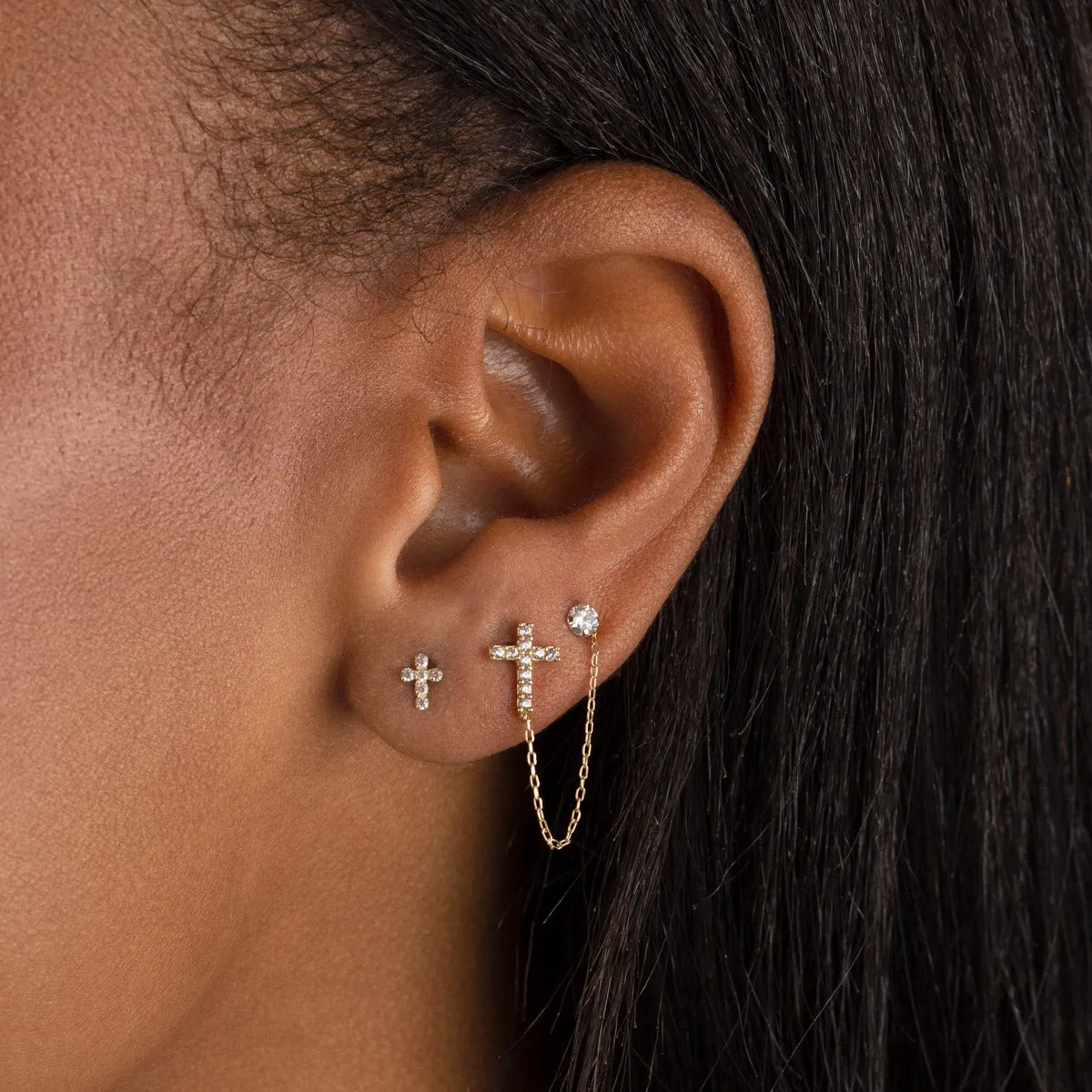 CZ Cross X Solitaire Chain Stud Earring 14K