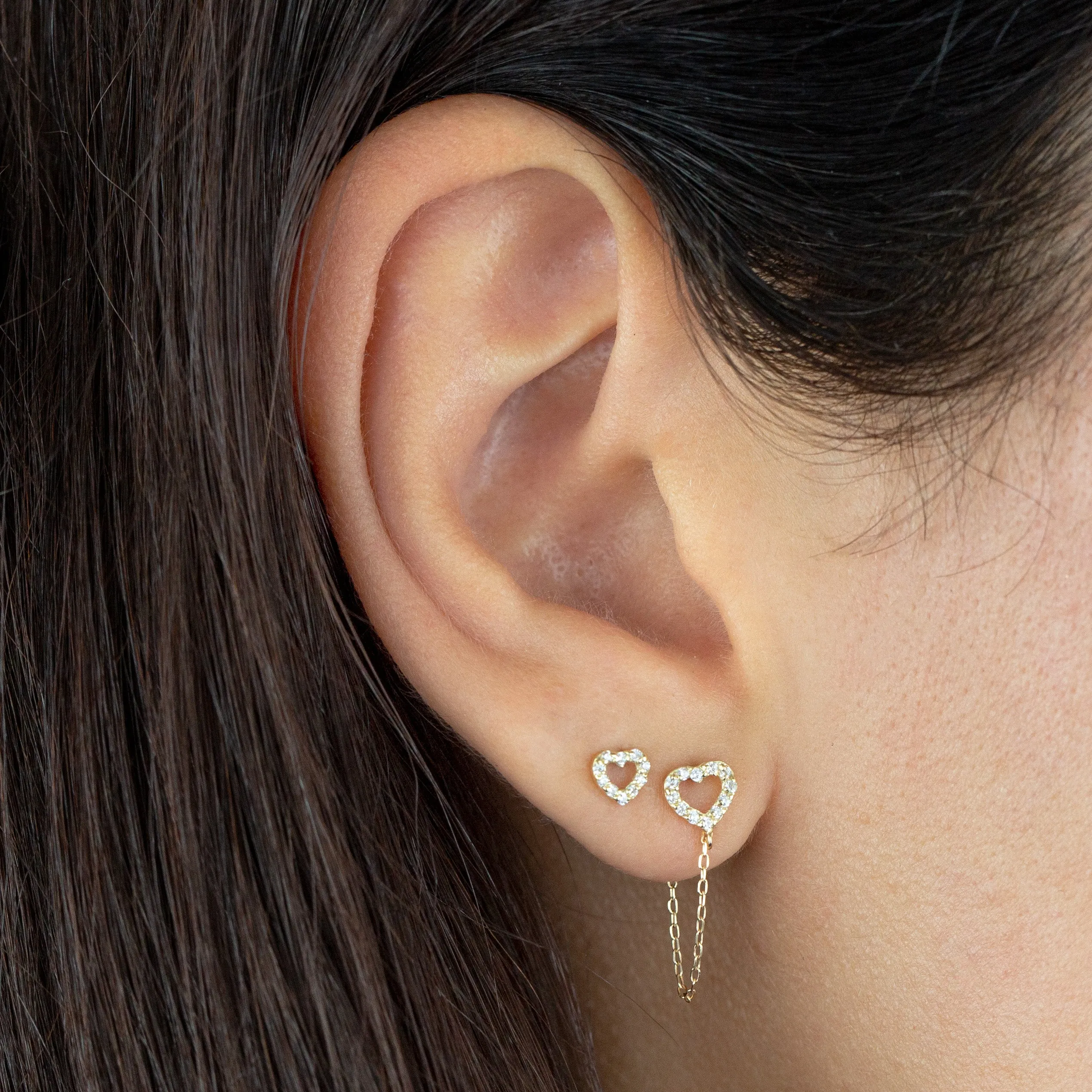CZ Open Heart Chain Stud Earring 14K