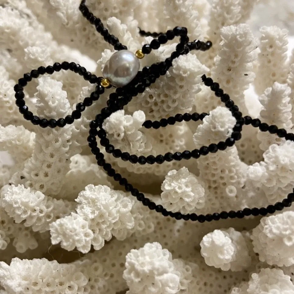 Dainty Black Spinel Gemstone Necklace with Grey Pearl Drop 18"