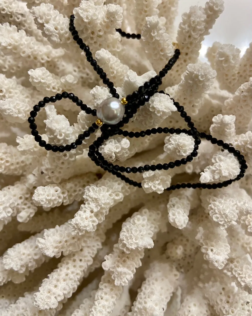 Dainty Black Spinel Gemstone Necklace with Grey Pearl Drop 18"