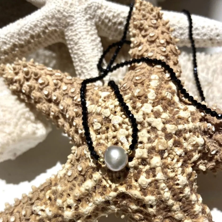 Dainty Black Spinel Gemstone Necklace with Grey Pearl Drop 18"
