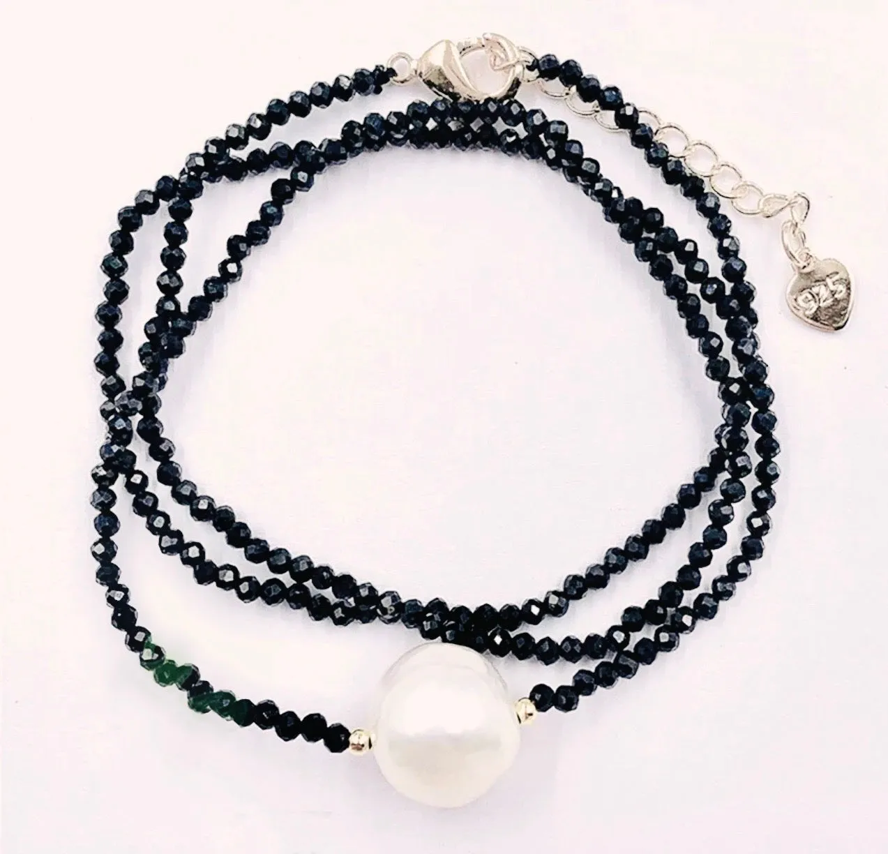 Dainty Black Spinel Gemstone Necklace with Grey Pearl Drop 18"