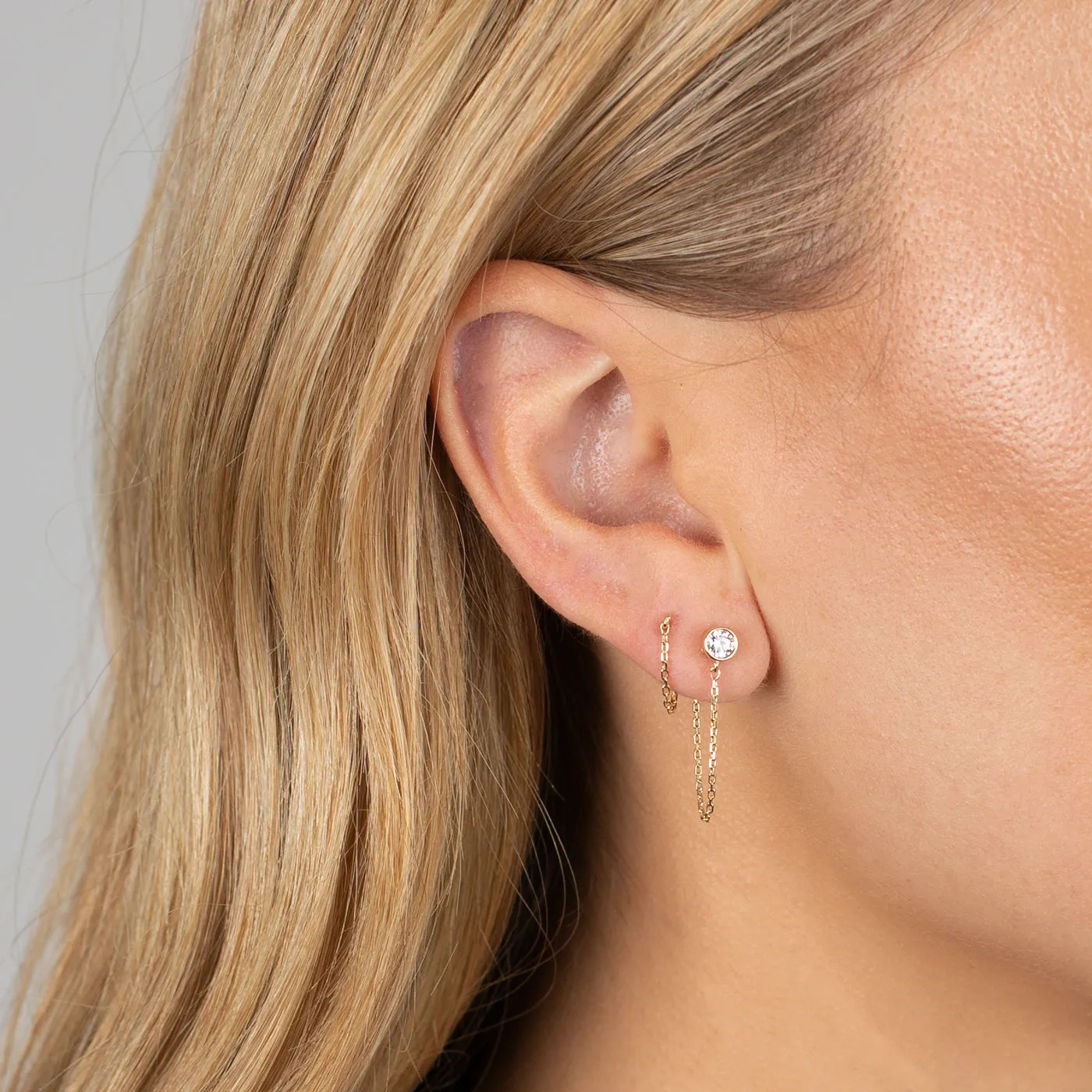 Dainty Front Back Chain Drop Stud Earring 14K
