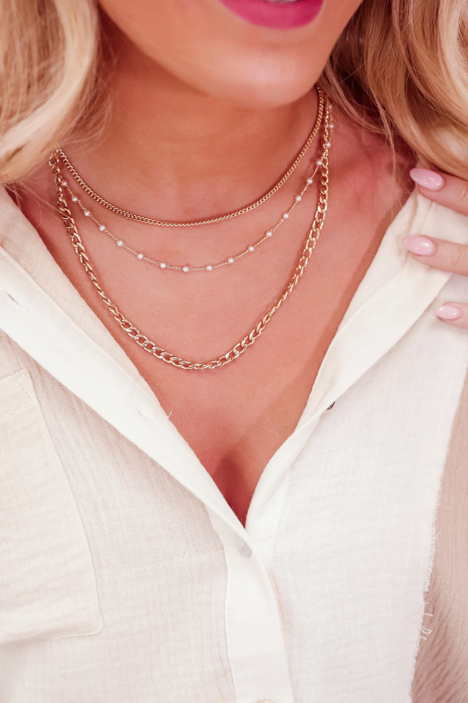 Dainty Pearl & Chain Link Layered Necklace - Gold