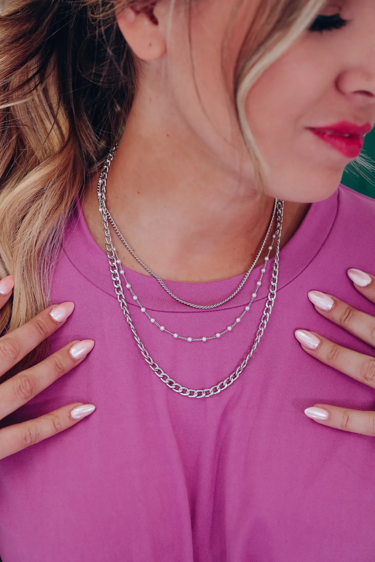 Dainty Pearl & Chain Link Layered Necklace - Silver