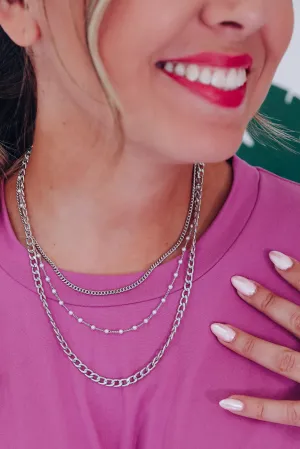 Dainty Pearl & Chain Link Layered Necklace - Silver