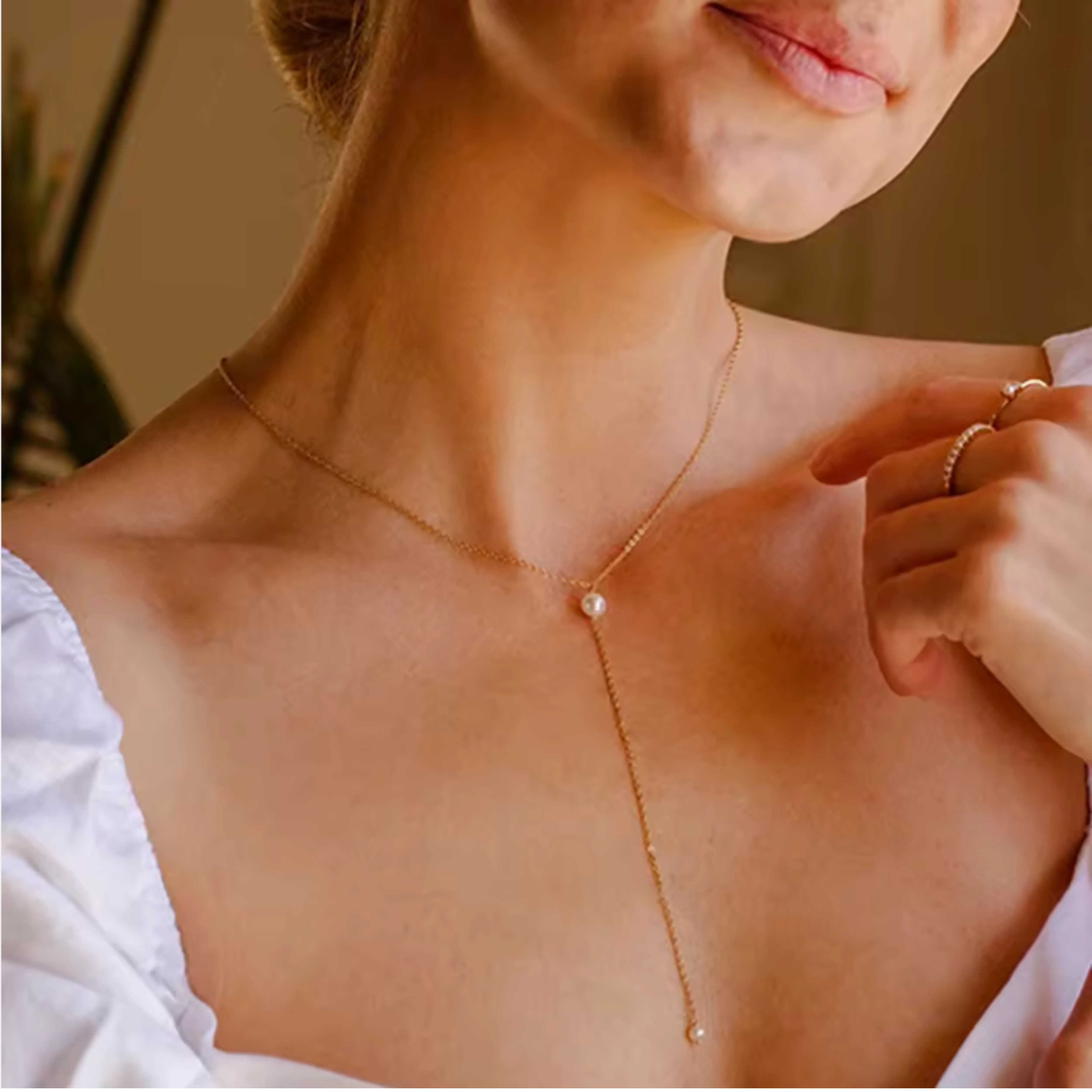 Dainty Pearl Drop Necklace, Minimalist Pearl Gold Chain Lariat, Wedding Necklace, Bridesmaids Gift, Elegant Wedding Necklace, Gift For Her