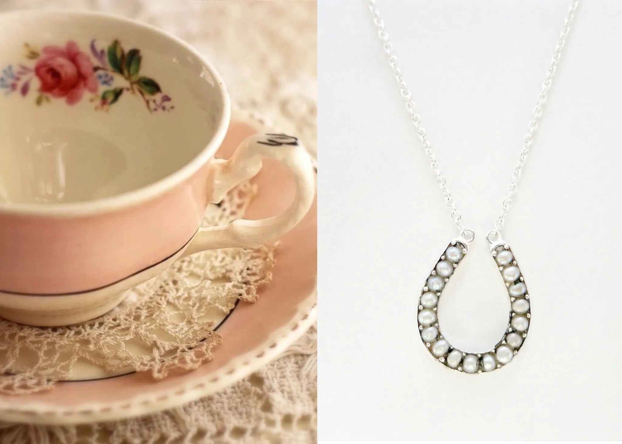 Dainty, pearl encrusted horse-shoe pendant necklace