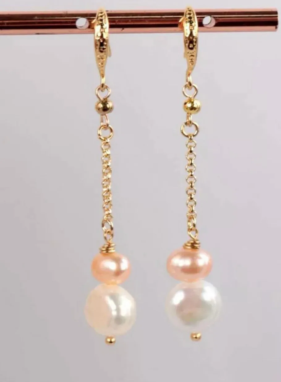 Dainty Pink and White Pearl Chain Earrings 1.5”