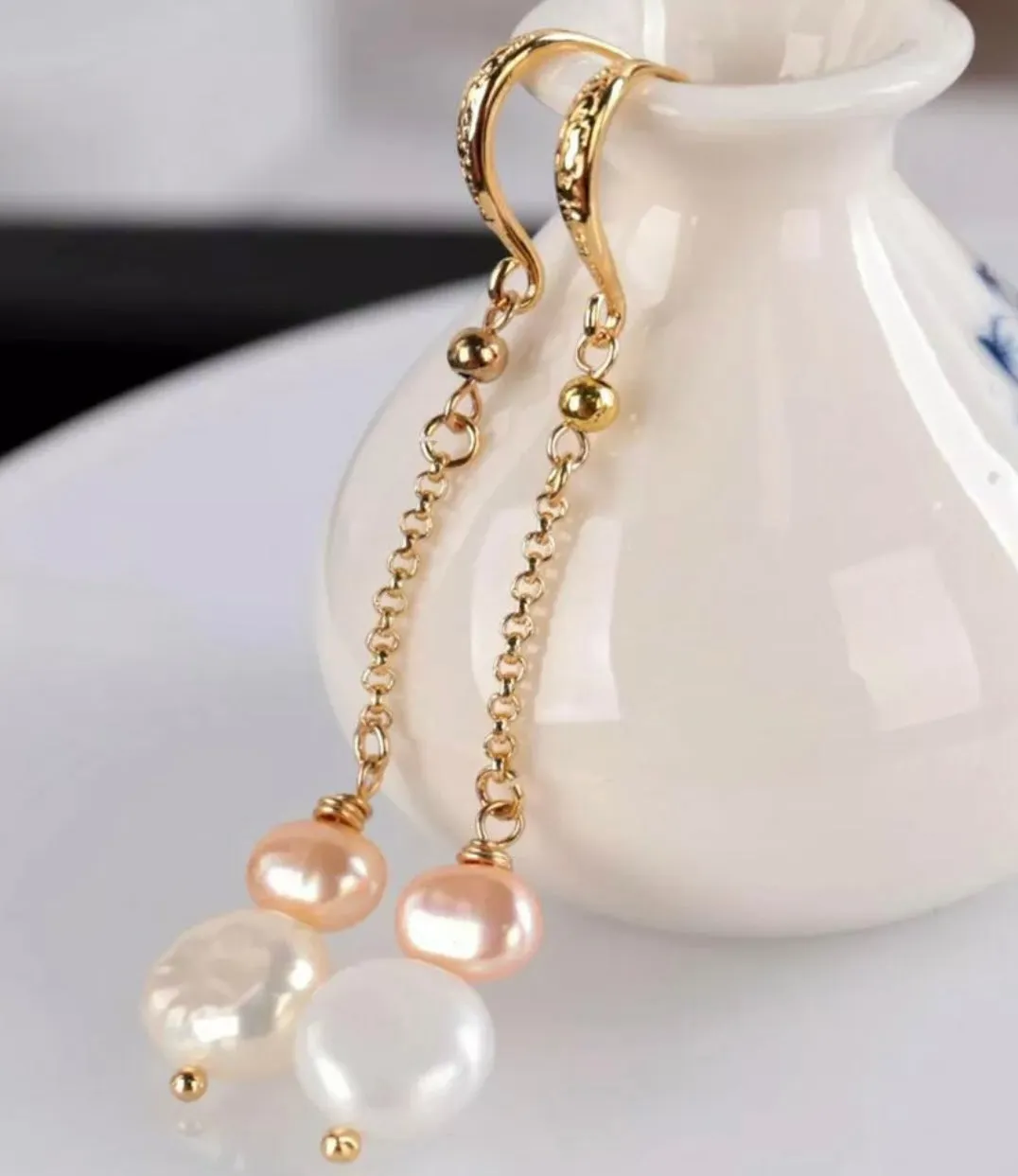 Dainty Pink and White Pearl Chain Earrings 1.5”