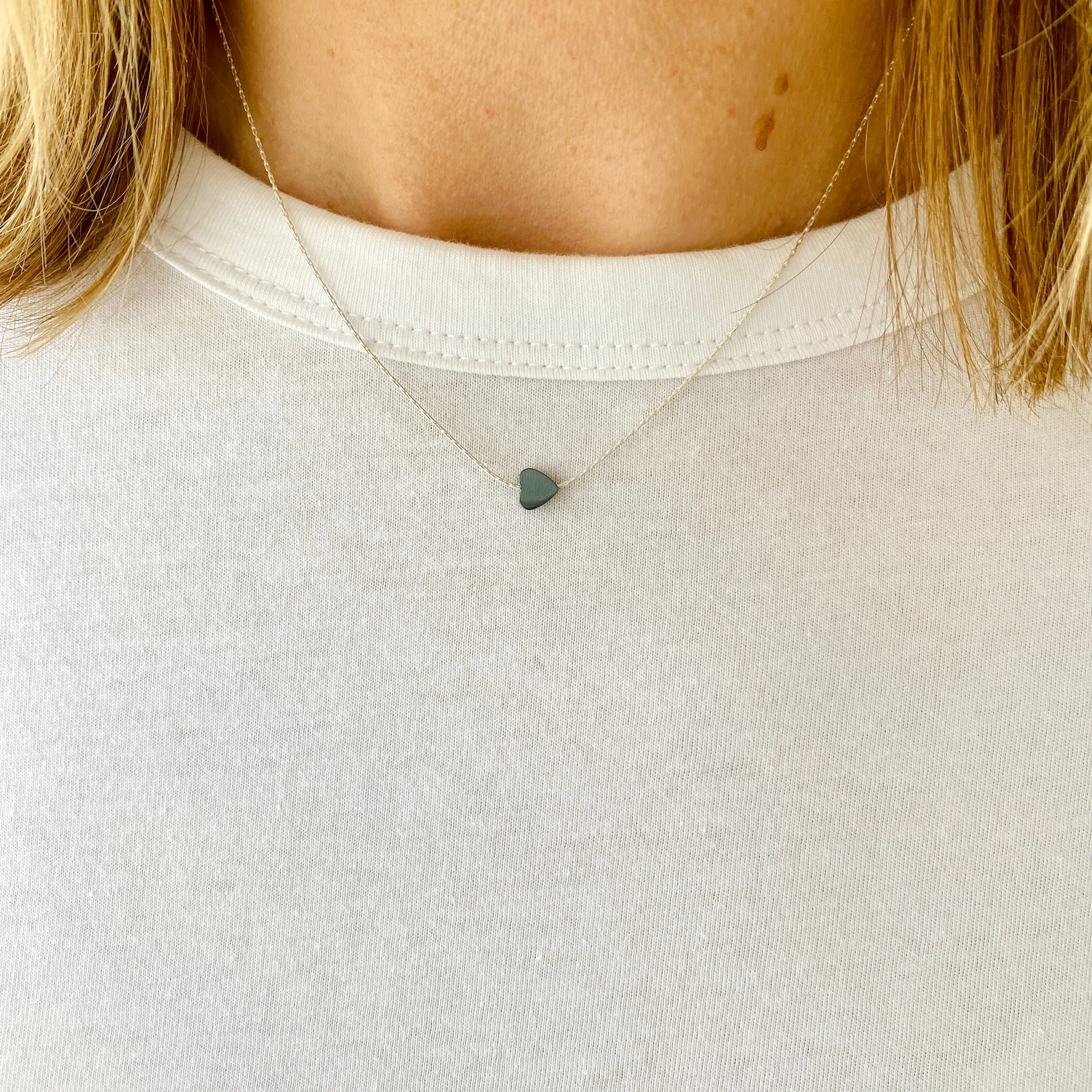 Dainty Silver Necklace with Hematite Heart Bead