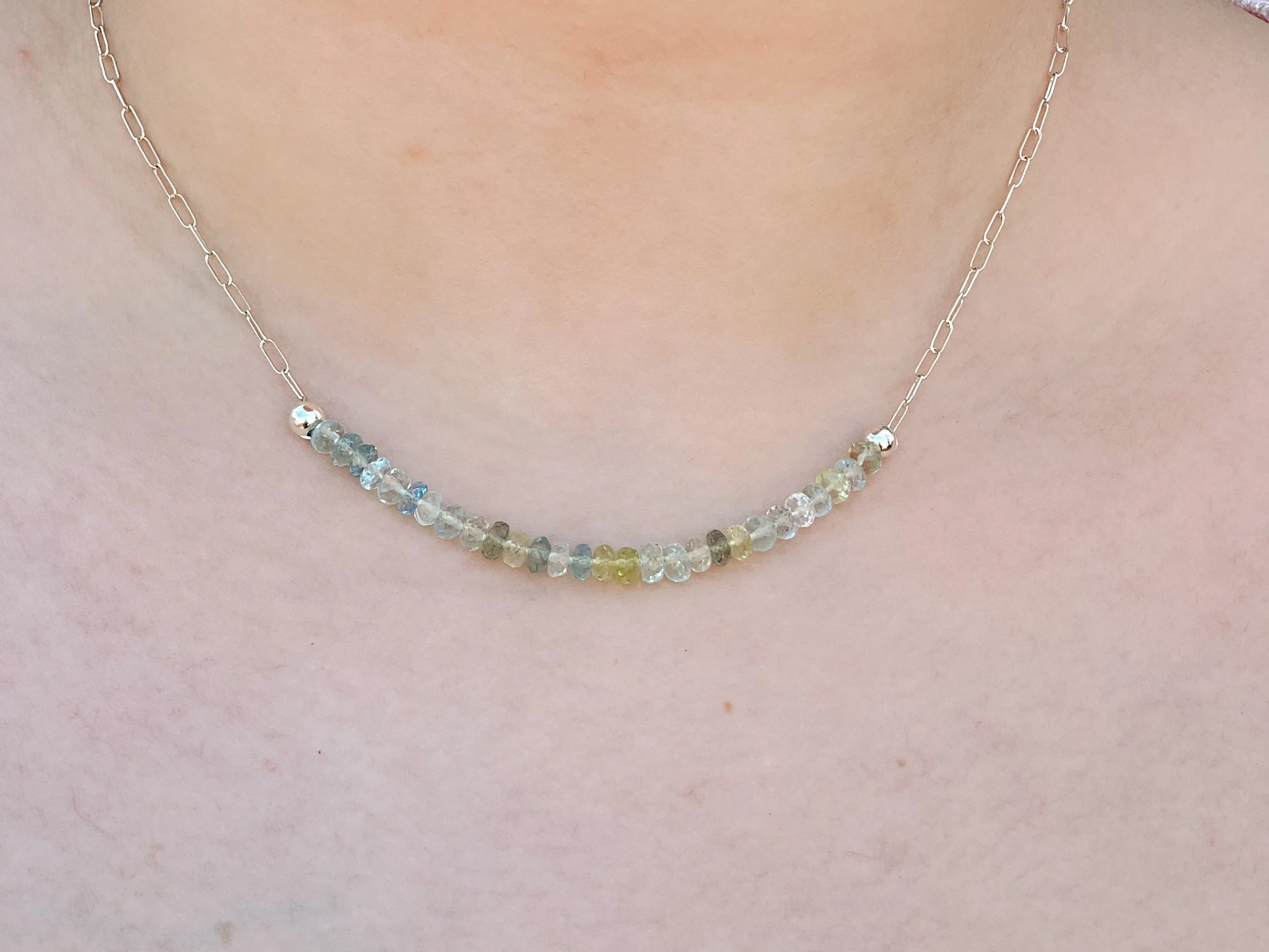 Dainty Sterling Silver Necklace with Aquamarine Focal Bar