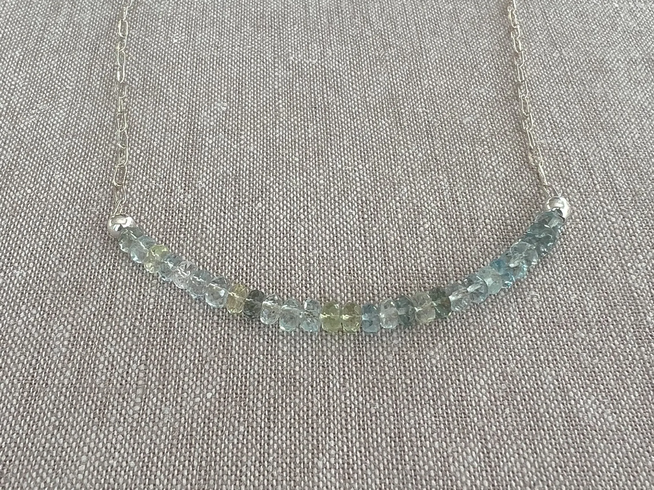 Dainty Sterling Silver Necklace with Aquamarine Focal Bar
