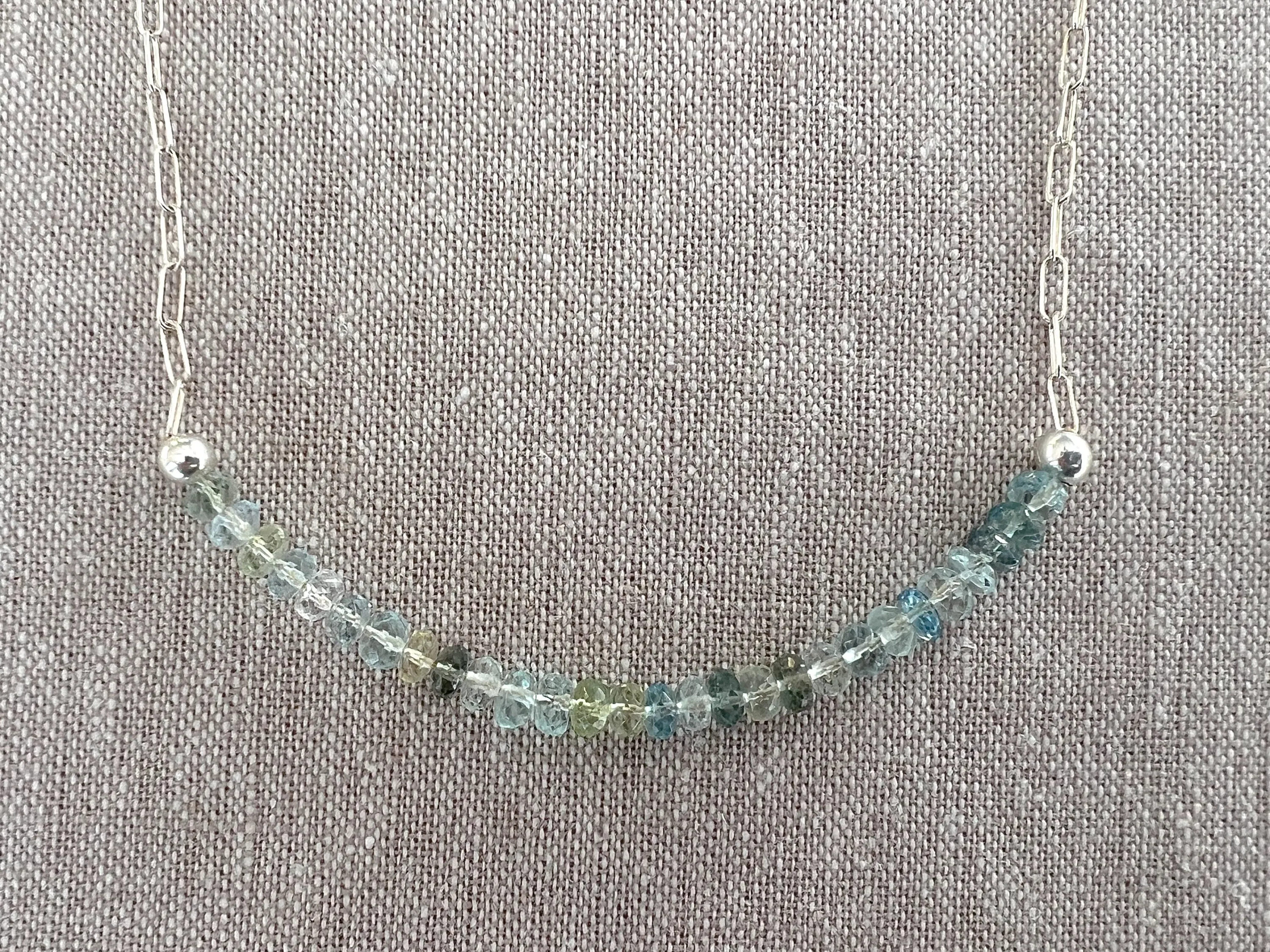 Dainty Sterling Silver Necklace with Aquamarine Focal Bar