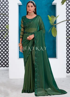 Dark Green Sequence Embroidery Silk Saree