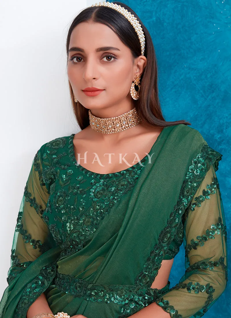 Dark Green Sequence Embroidery Silk Saree