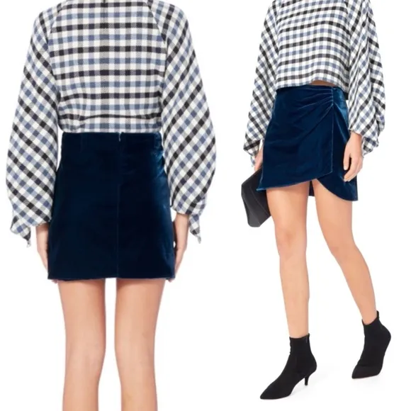 Derek Lam 10 Crosby Velvet Skirt Womens Mini Ruched Size 4 Blue Luxe Asymmetric
