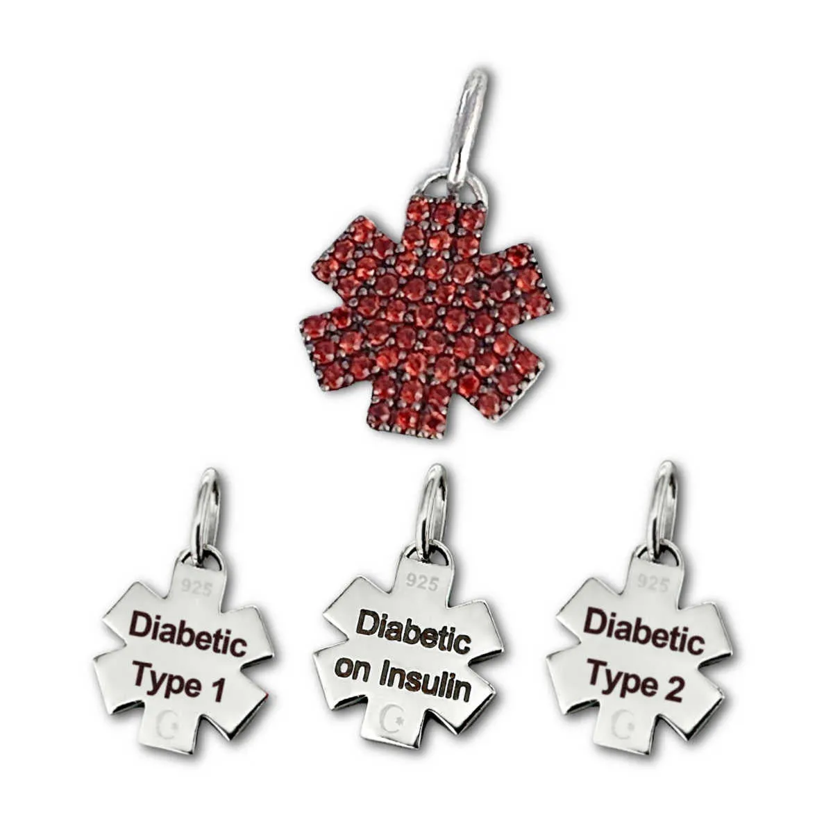 Diabetes Medical ID Charms in Sterling Silver & Garnet