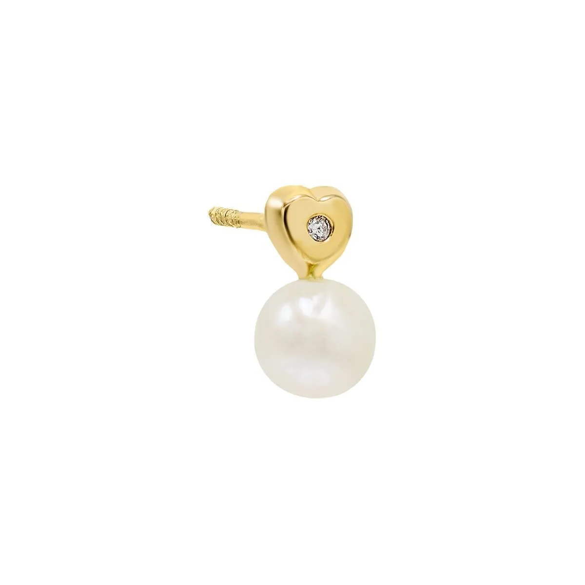 Diamond Heart Pearl Stud Earring 14K