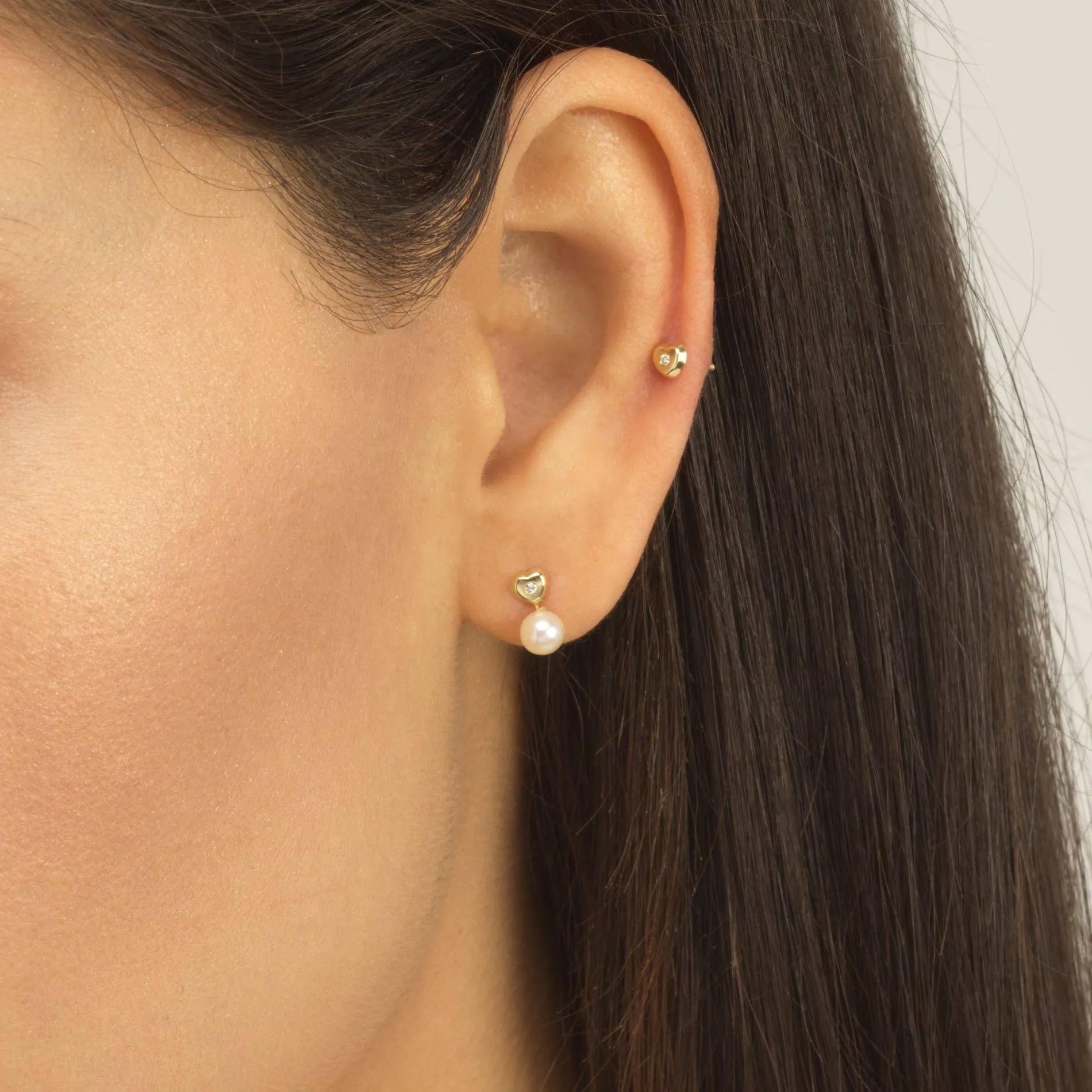 Diamond Heart Pearl Stud Earring 14K