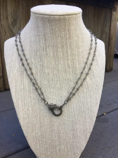 Double Strand Labradorite Chain Necklace with Pave Diamond Lobster Claw Clasp