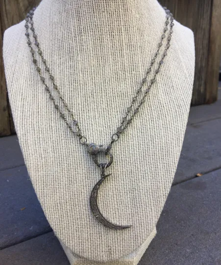 Double Strand Labradorite Chain Necklace with Pave Diamond Lobster Claw Clasp