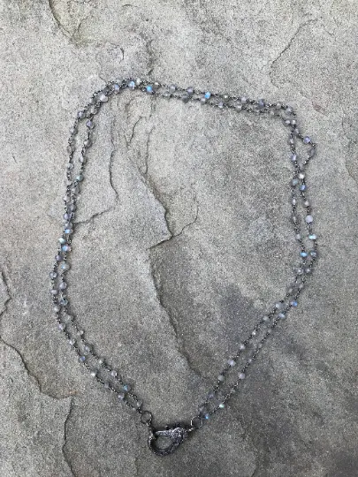 Double Strand Labradorite Chain Necklace with Pave Diamond Lobster Claw Clasp