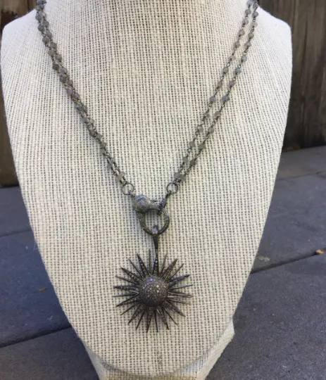 Double Strand Labradorite Chain Necklace with Pave Diamond Lobster Claw Clasp