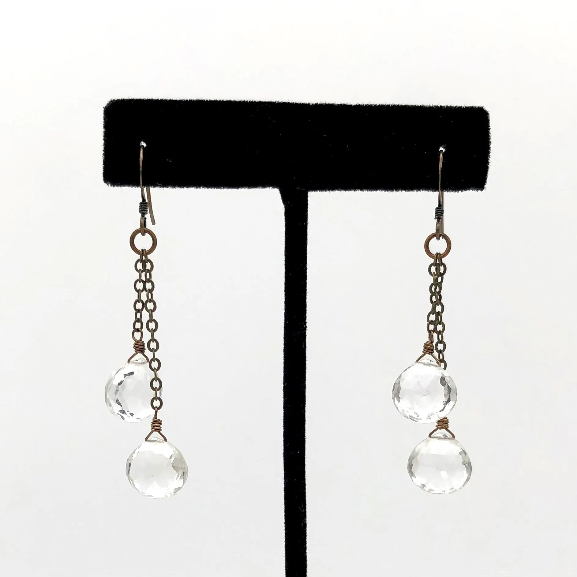 Edgy Petal - Earrings - Clear Quartz Double Chain Teardrop #Q-13