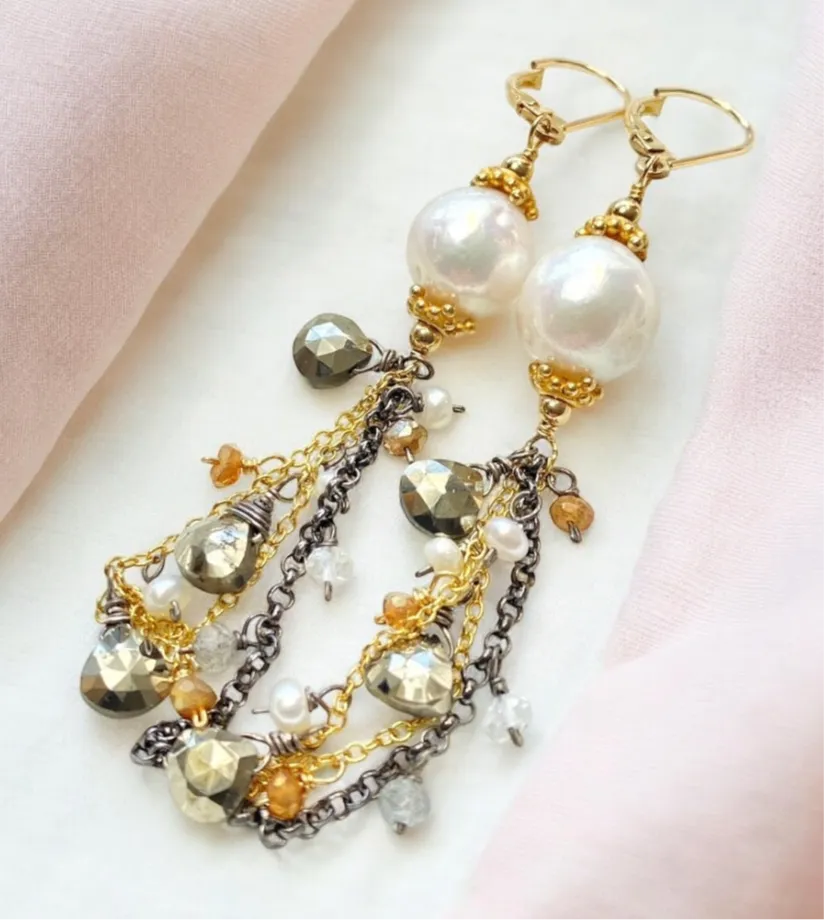 Edison Pearl Mixed Metal Long Dangle Earrings