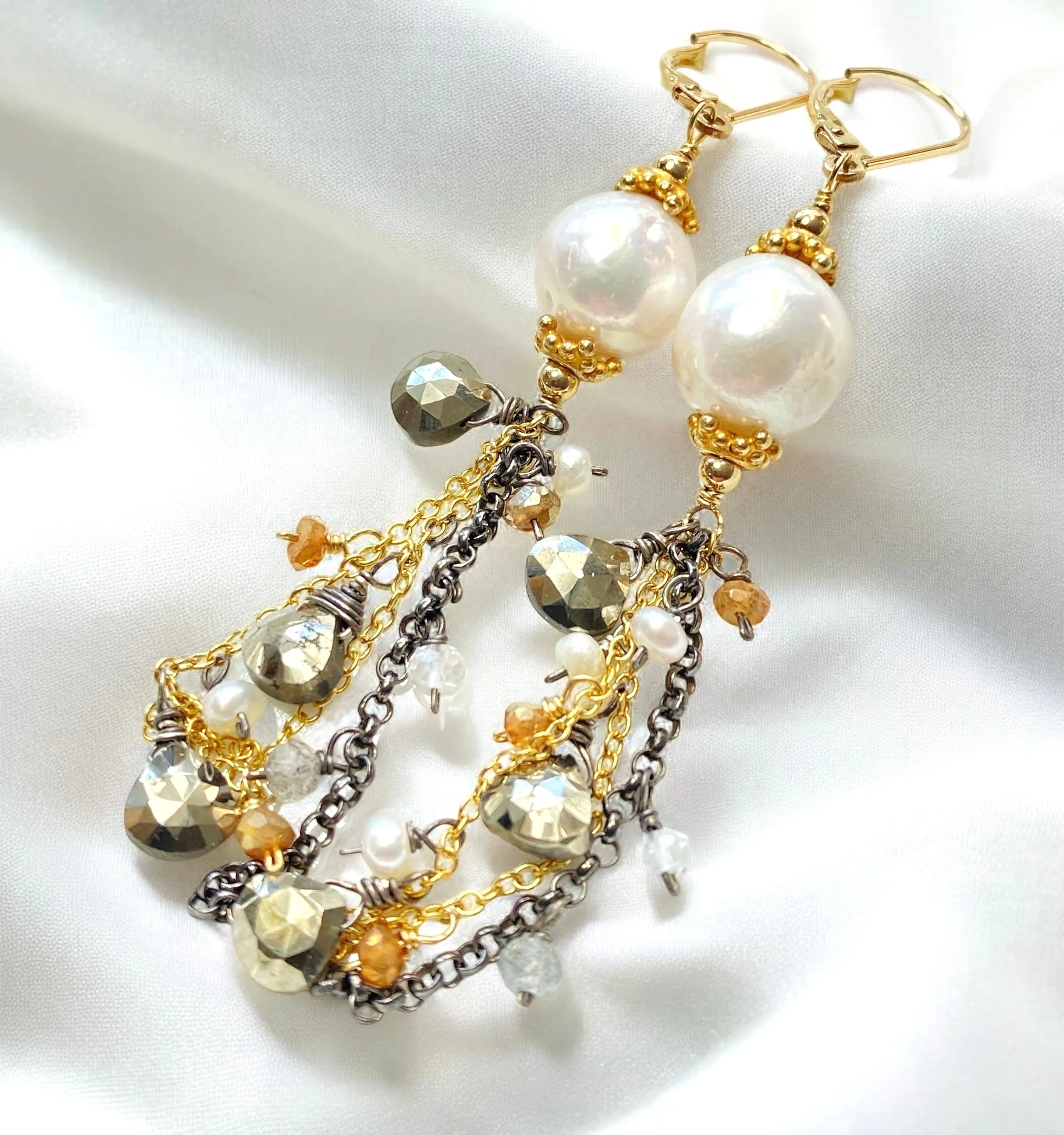 Edison Pearl Mixed Metal Long Dangle Earrings