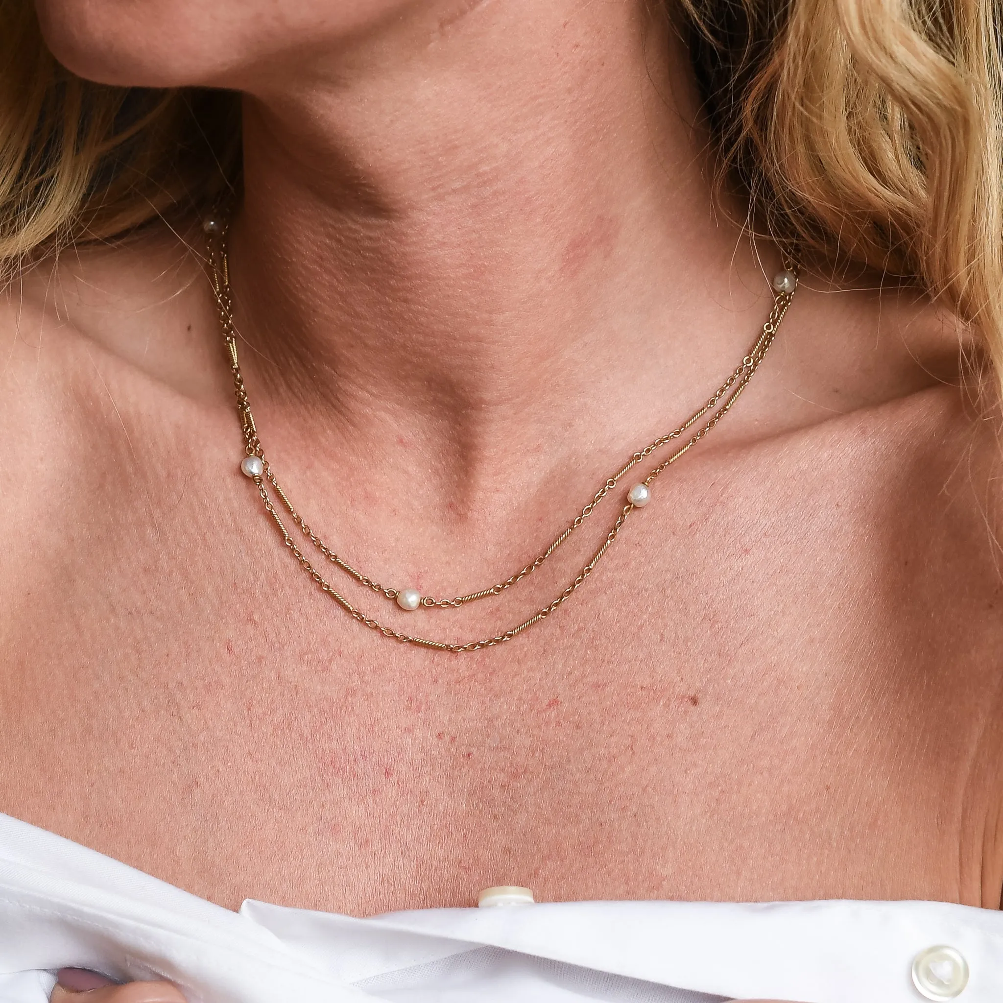 Edwardian 15ct Fancy-Link Pearl Chain Necklace and ring