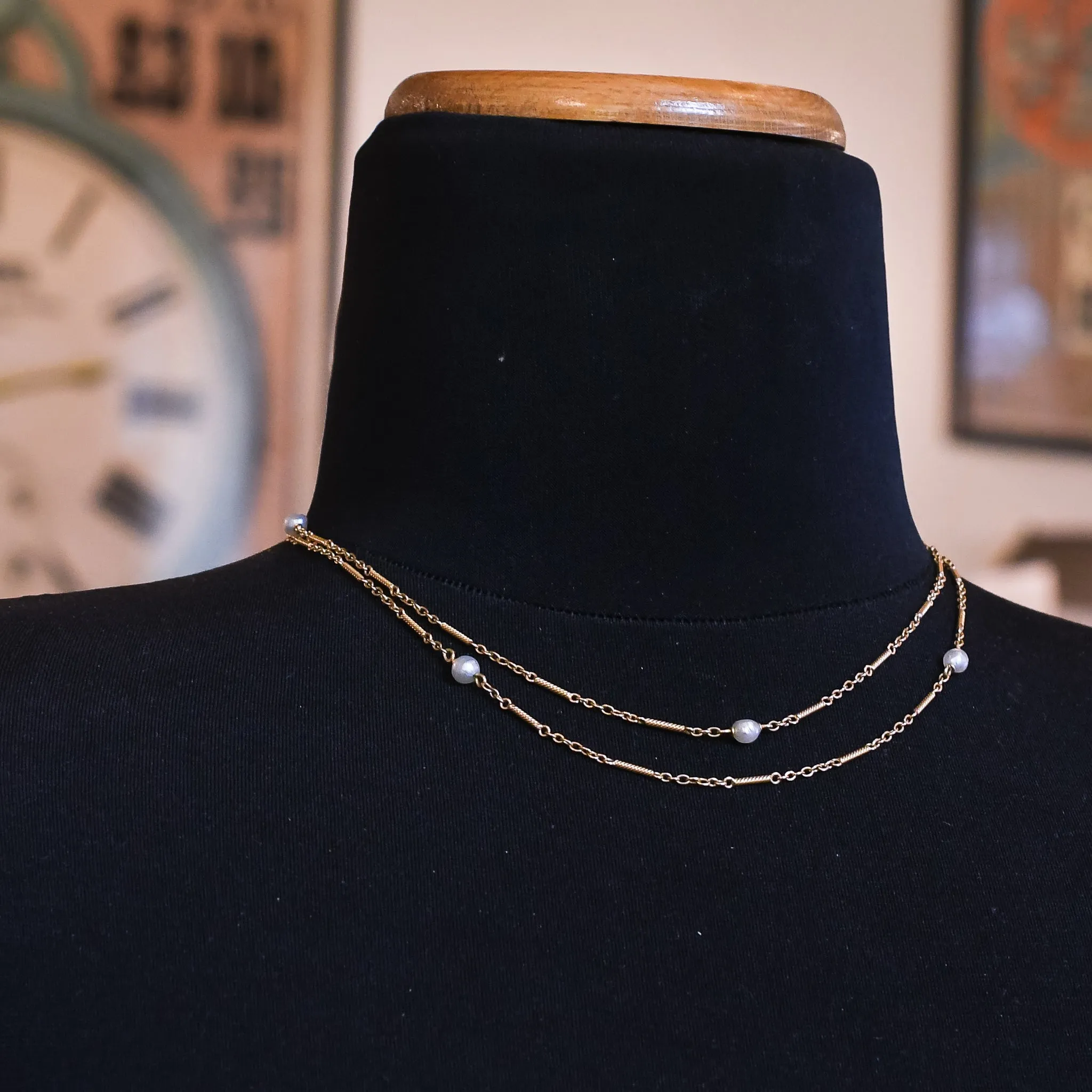 Edwardian 15ct Fancy-Link Pearl Chain Necklace and ring