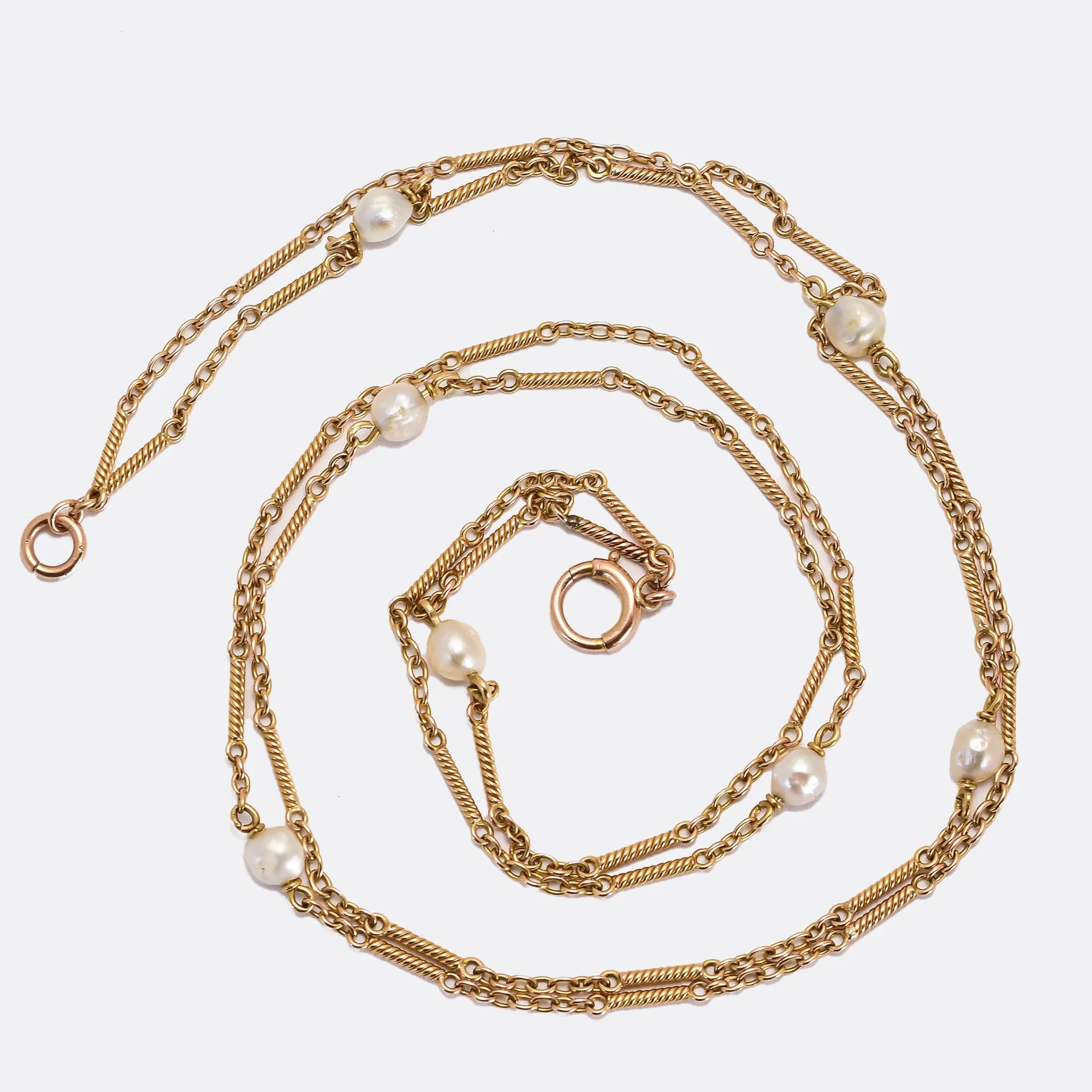 Edwardian 15ct Fancy-Link Pearl Chain Necklace and ring
