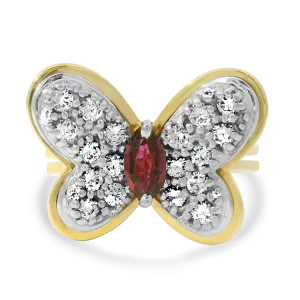 Estate 14k Yellow and White Gold Butterfly Diamond and Ruby Ring