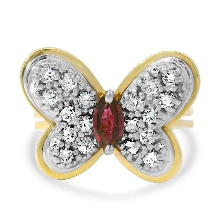 Estate 14k Yellow and White Gold Butterfly Diamond and Ruby Ring