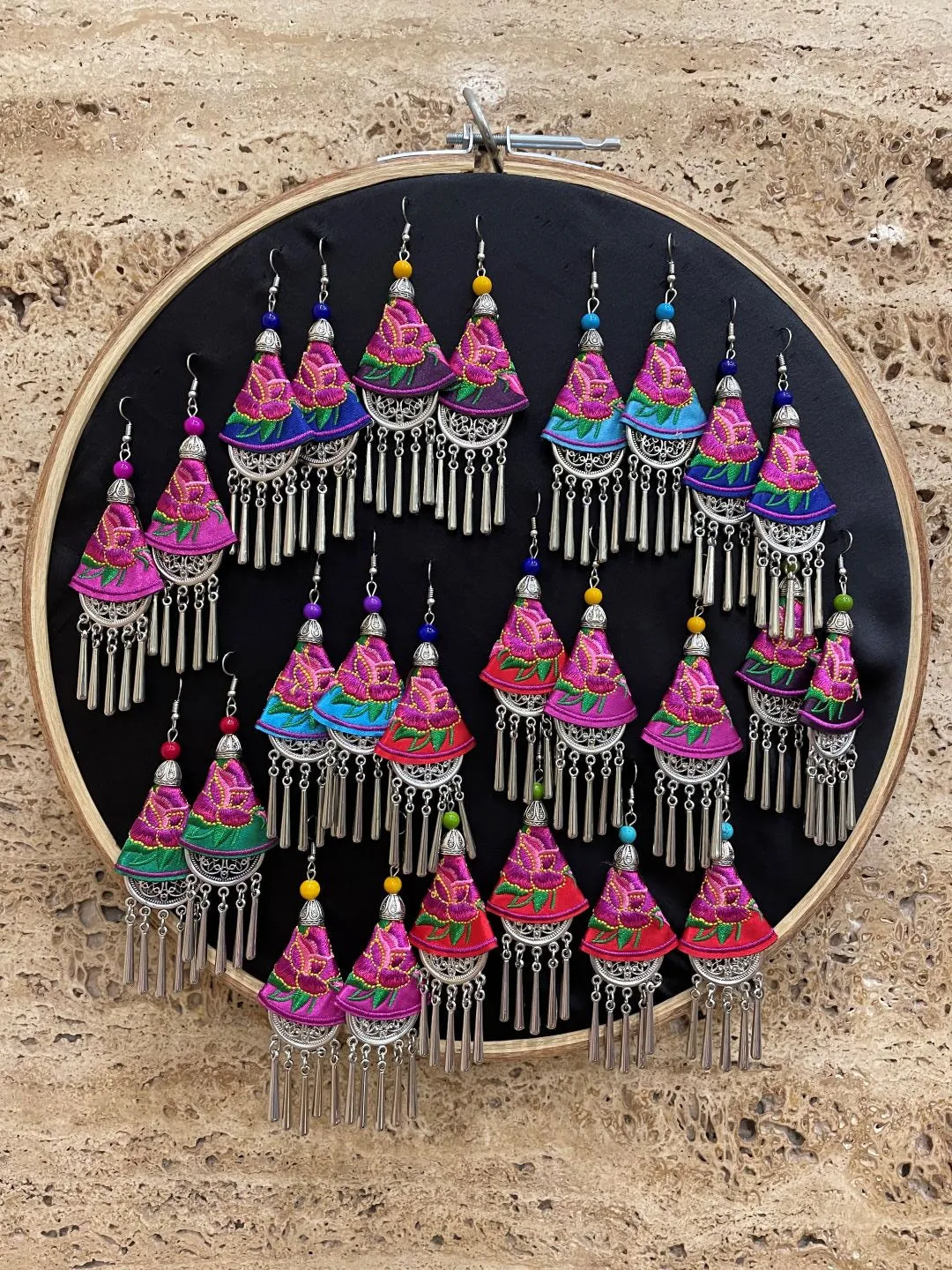Ethnic Embroidered Earring with Silver Danglers