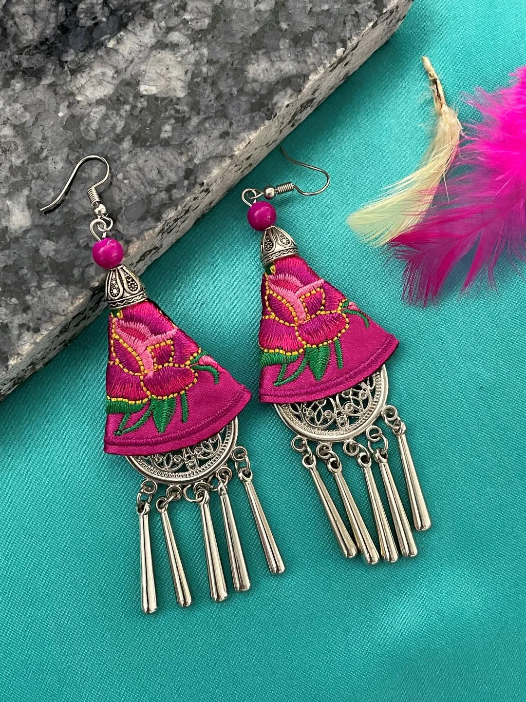 Ethnic Embroidered Earring with Silver Danglers