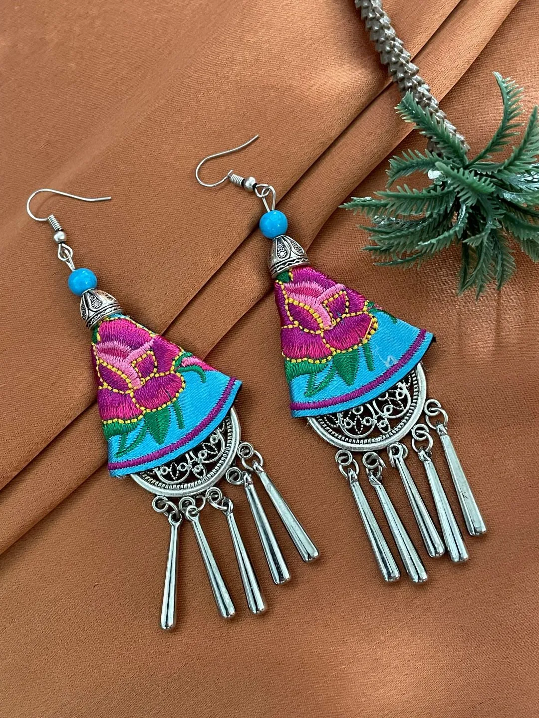Ethnic Embroidered Earring with Silver Danglers