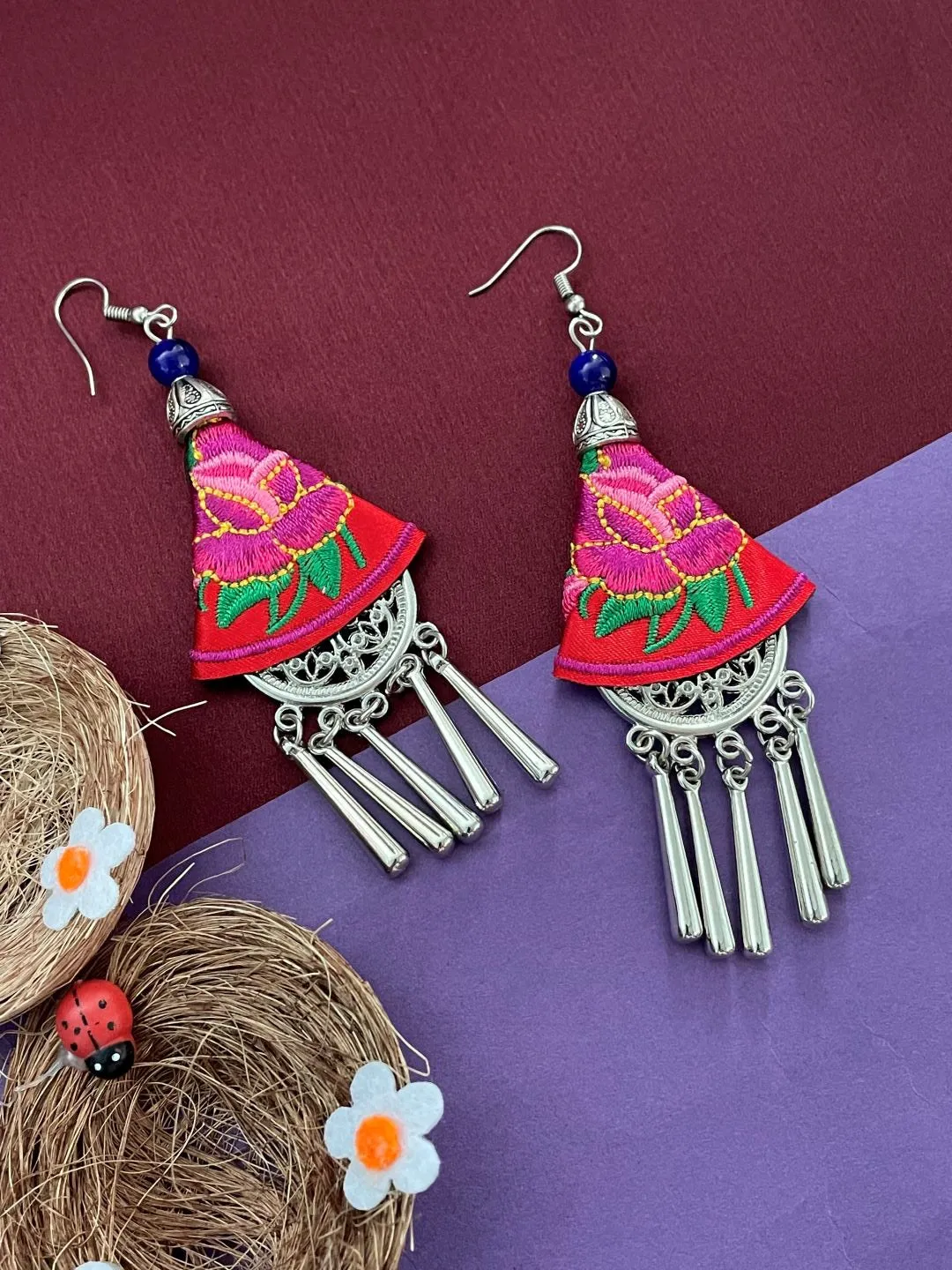 Ethnic Embroidered Earring with Silver Danglers