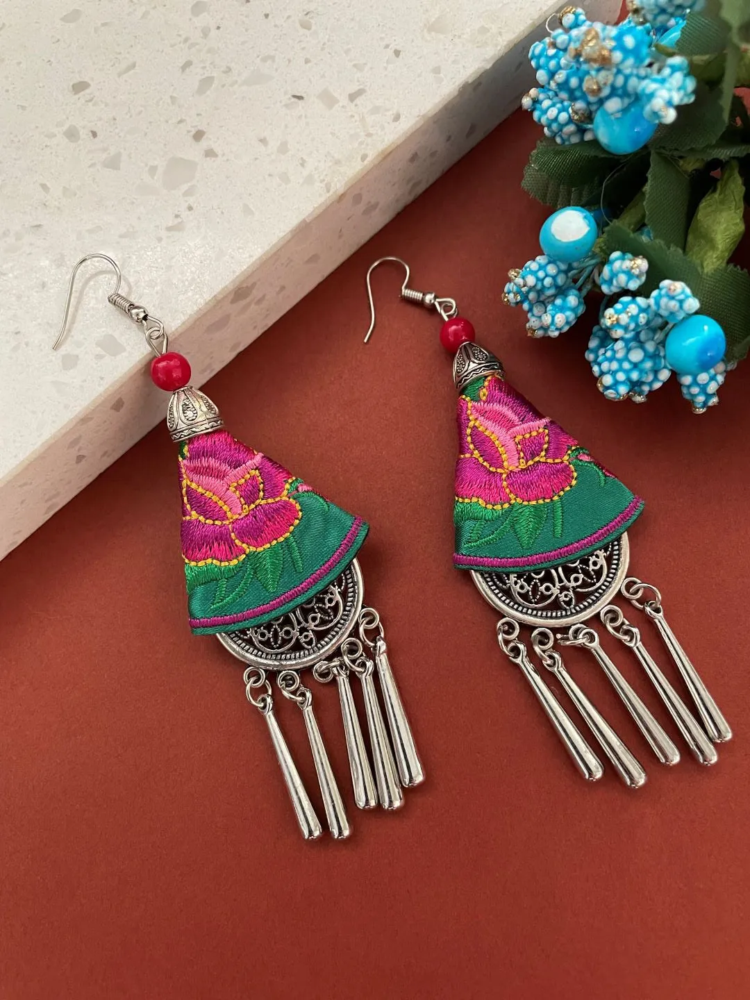 Ethnic Embroidered Earring with Silver Danglers