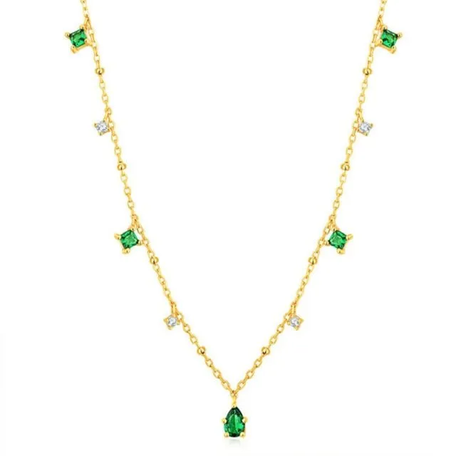 Exquisite Retro Emerald Gemstone Necklace Simple Silver Chain Jewelry