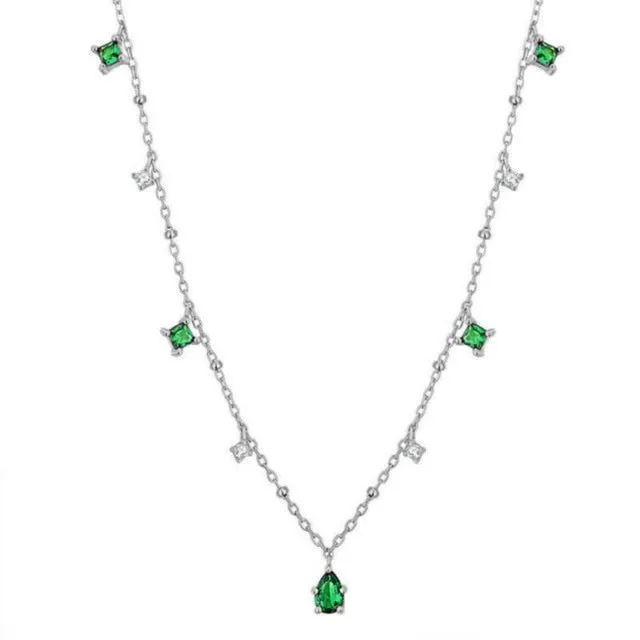 Exquisite Retro Emerald Gemstone Necklace Simple Silver Chain Jewelry