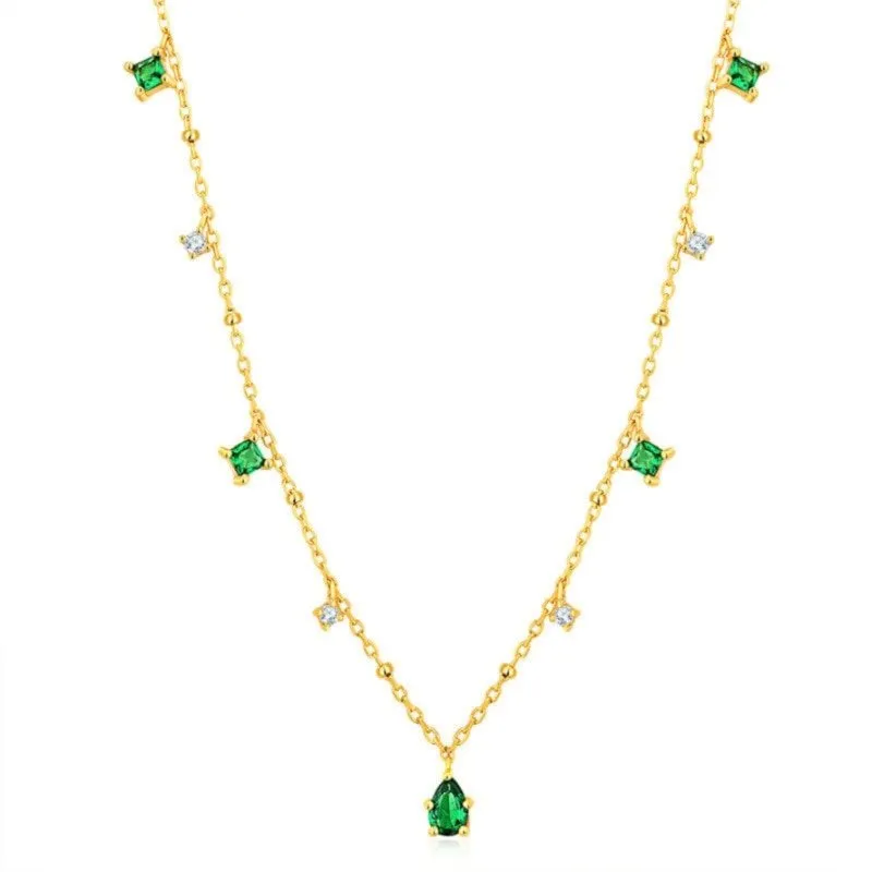 Exquisite Retro Emerald Gemstone Necklace Simple Silver Chain Jewelry