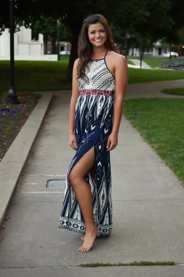 Family Tradition Ethnic Print Maxi Dress Navy