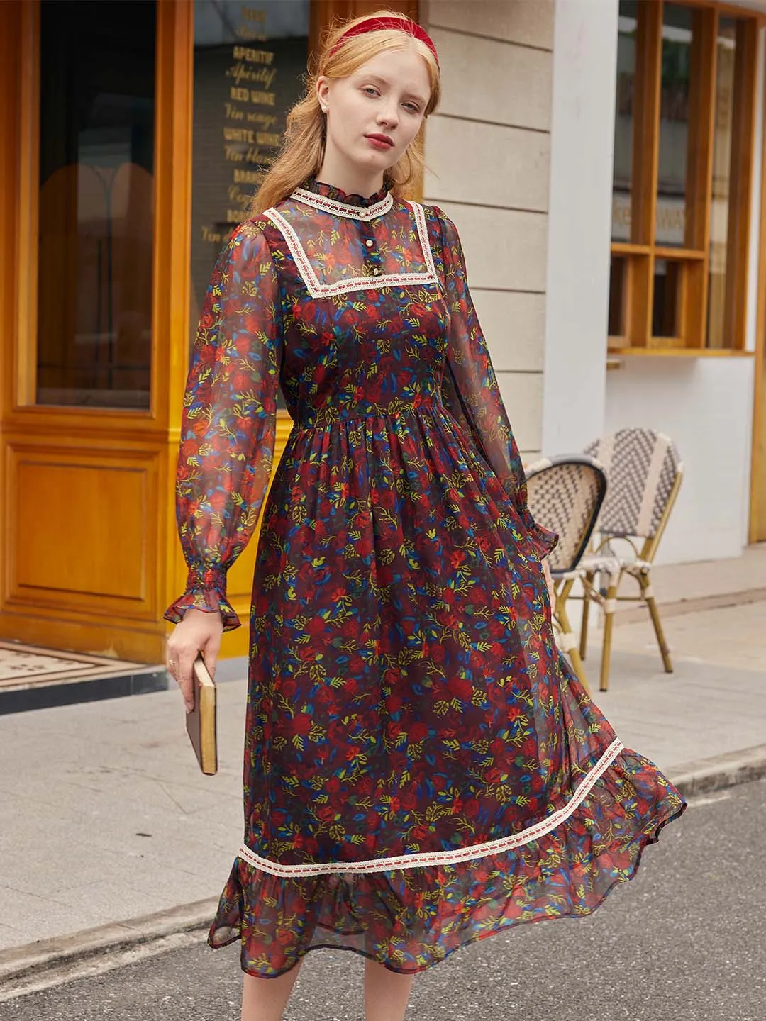 【Final Sale】Isabel Floral Print Guipure Lace Insert Flounce Sleeve Ruffle Hem Dress