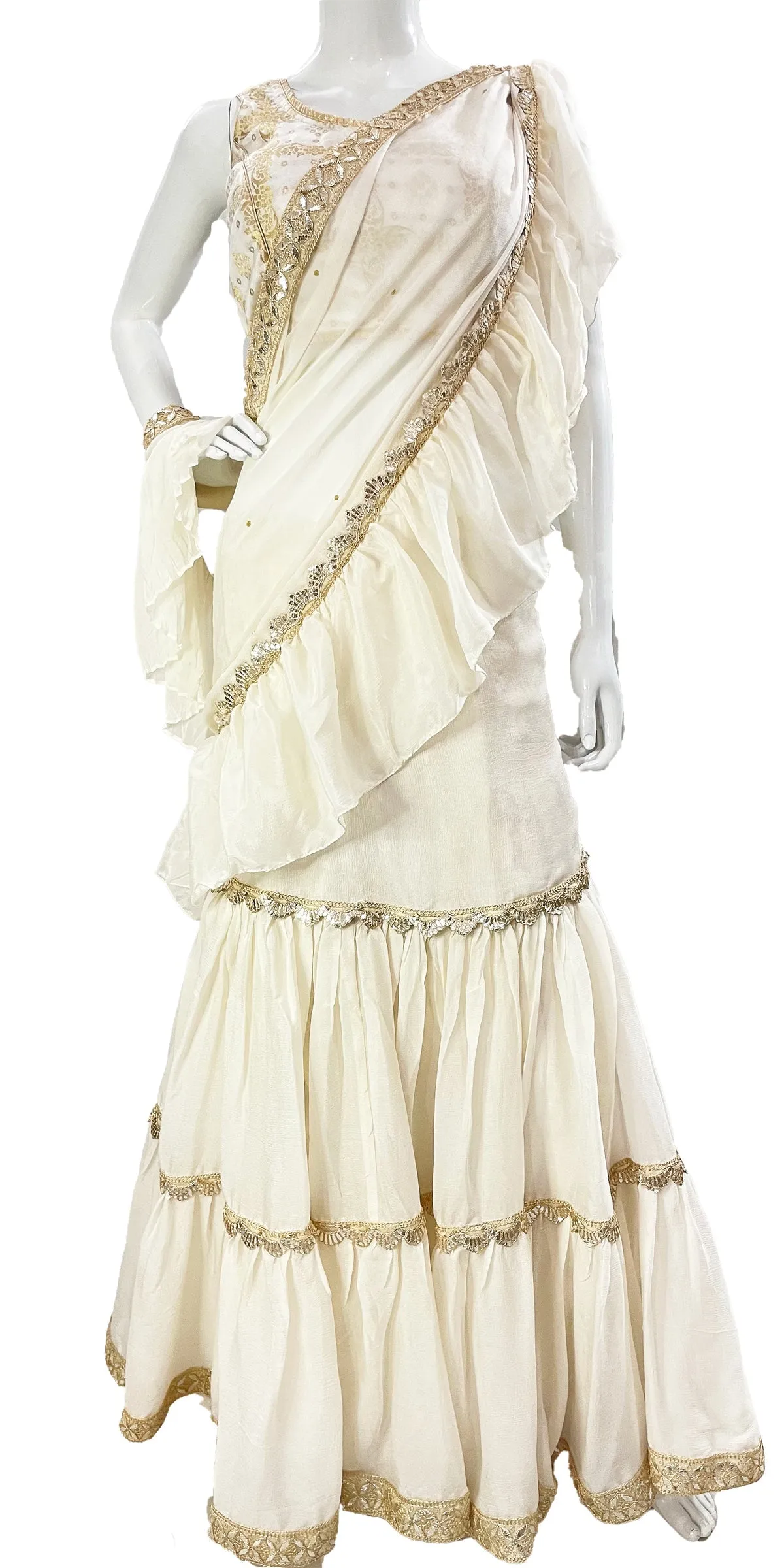 Firozi Pure Chinon Saree, Ready to wear Sari, Skirt Saree with Pure Dola SILK Blouse