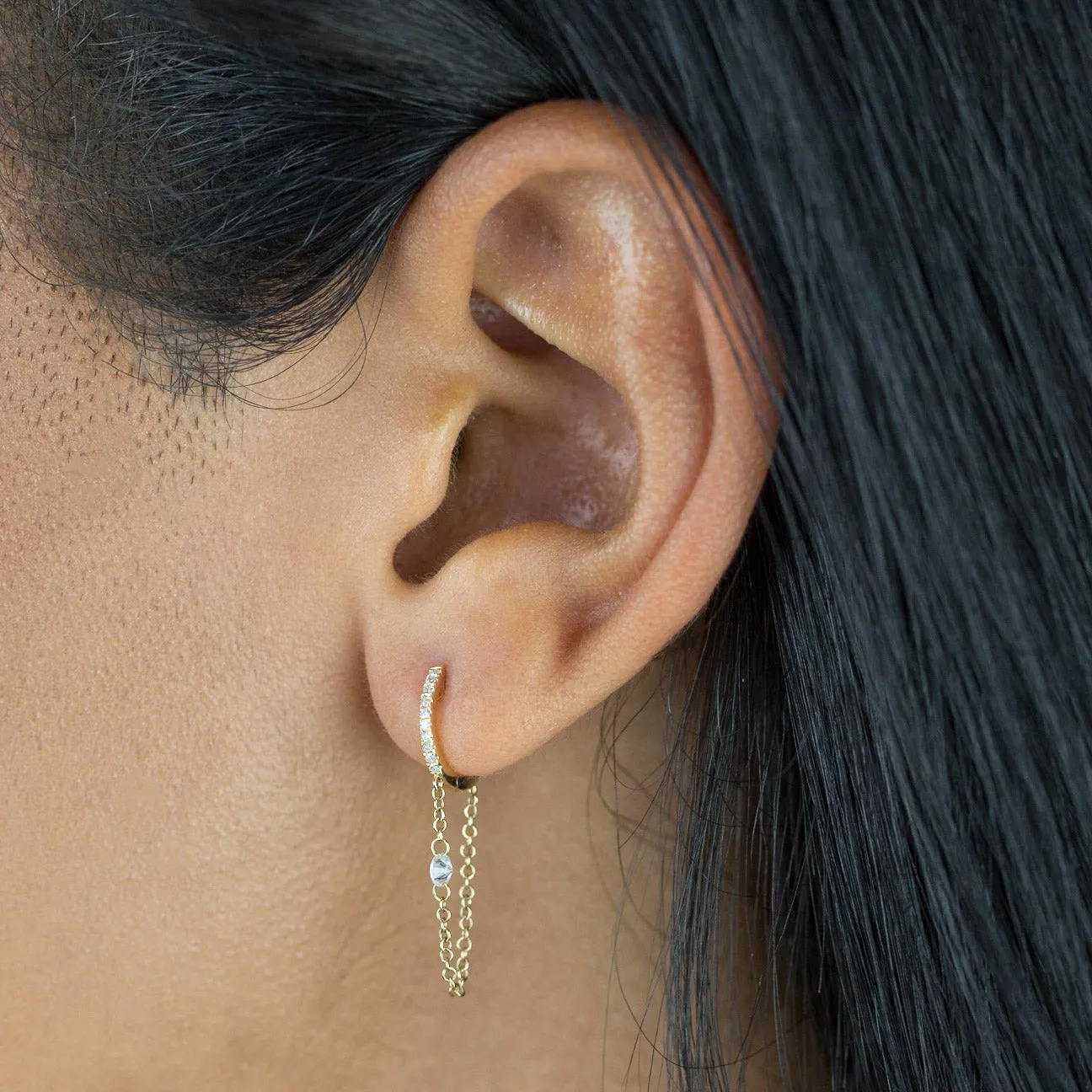 Floating Diamond Chain Huggie Earring 14K