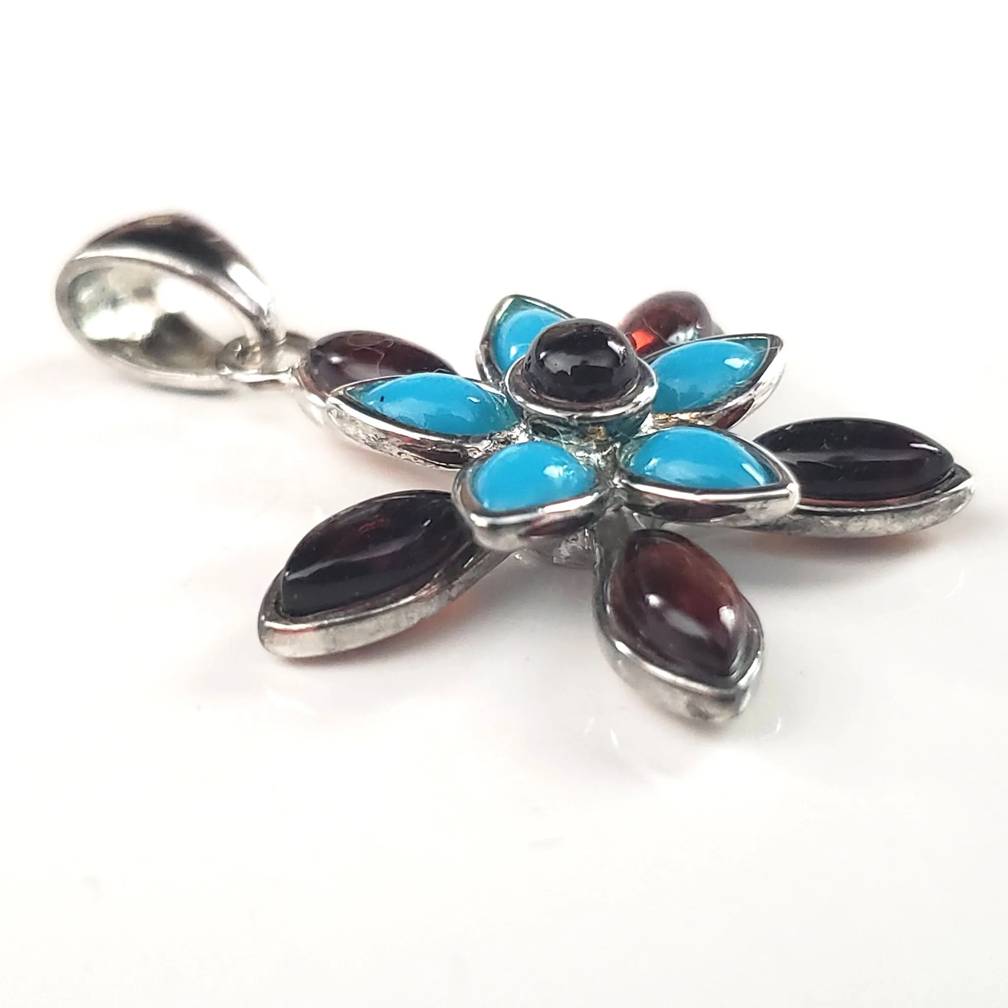 Flower Cognac Amber / Turquoise & Sterling Silver Pendant
