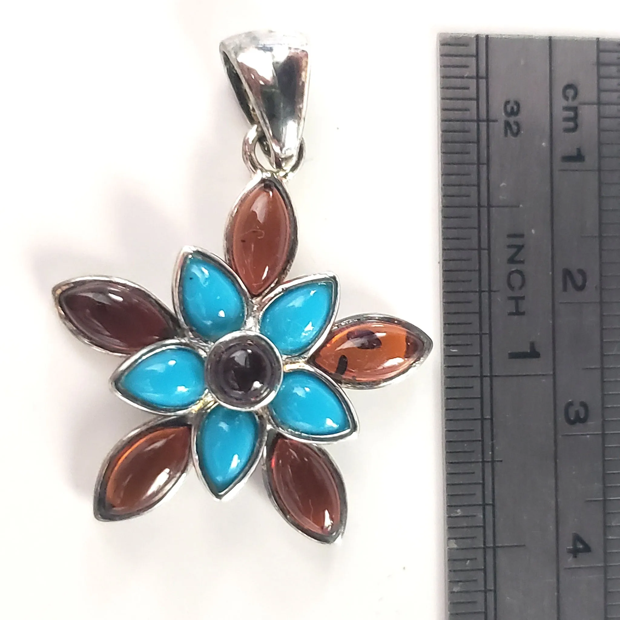 Flower Cognac Amber / Turquoise & Sterling Silver Pendant